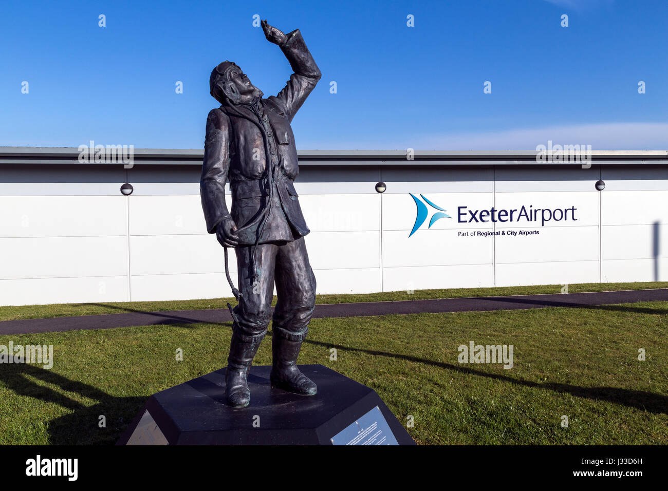 Exeter Airport Devon UK regional British airport wth a statue of a world war 2 RAF pilot Stock Photo
