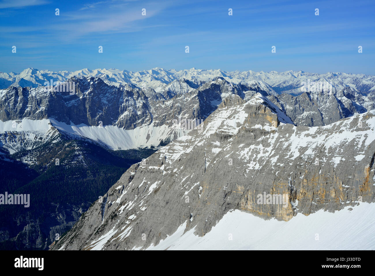 Karwendel Range with Zillertal Alps and Oetztal Alps in background, Birkkarspitze, Karwendel range, Tyrol, Austria Stock Photo