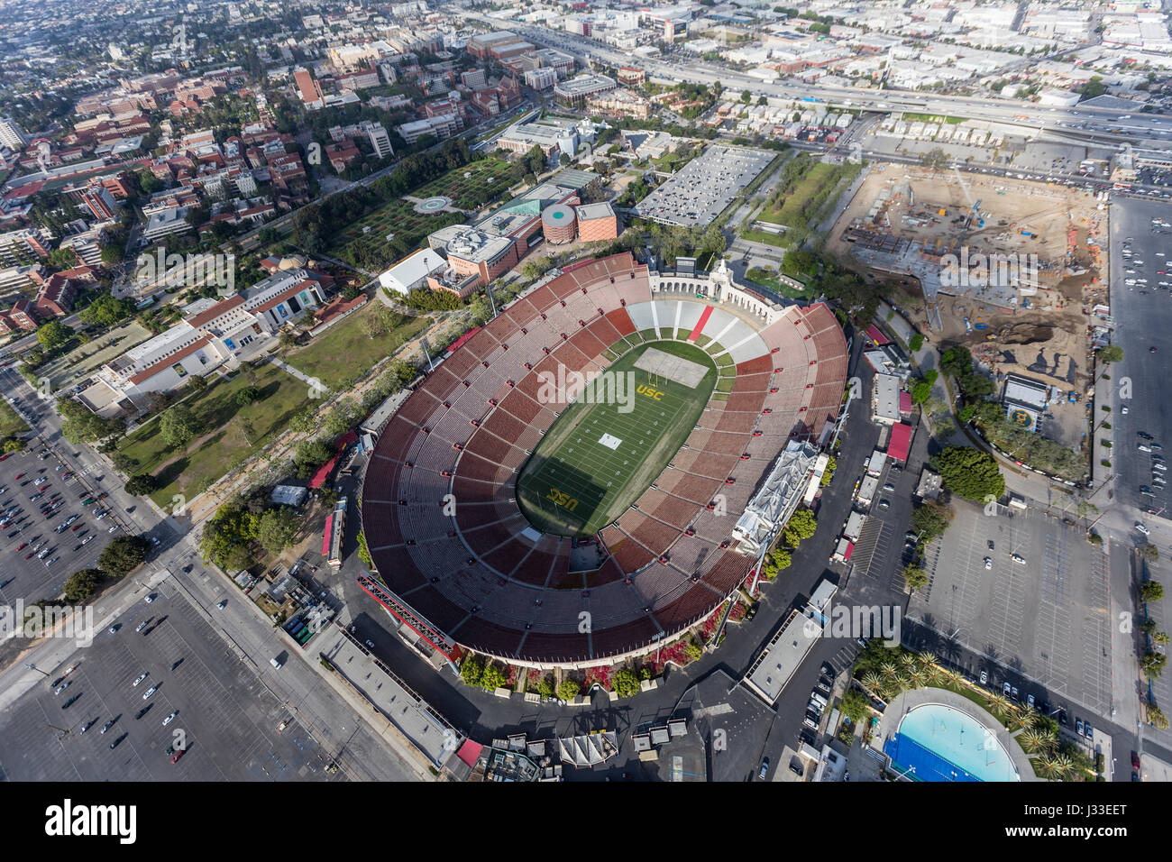 Los Angeles, California, USA - April 12, 2017:  Aerial view of the historic Coliseum stadium near the University of Southern California. Stock Photo