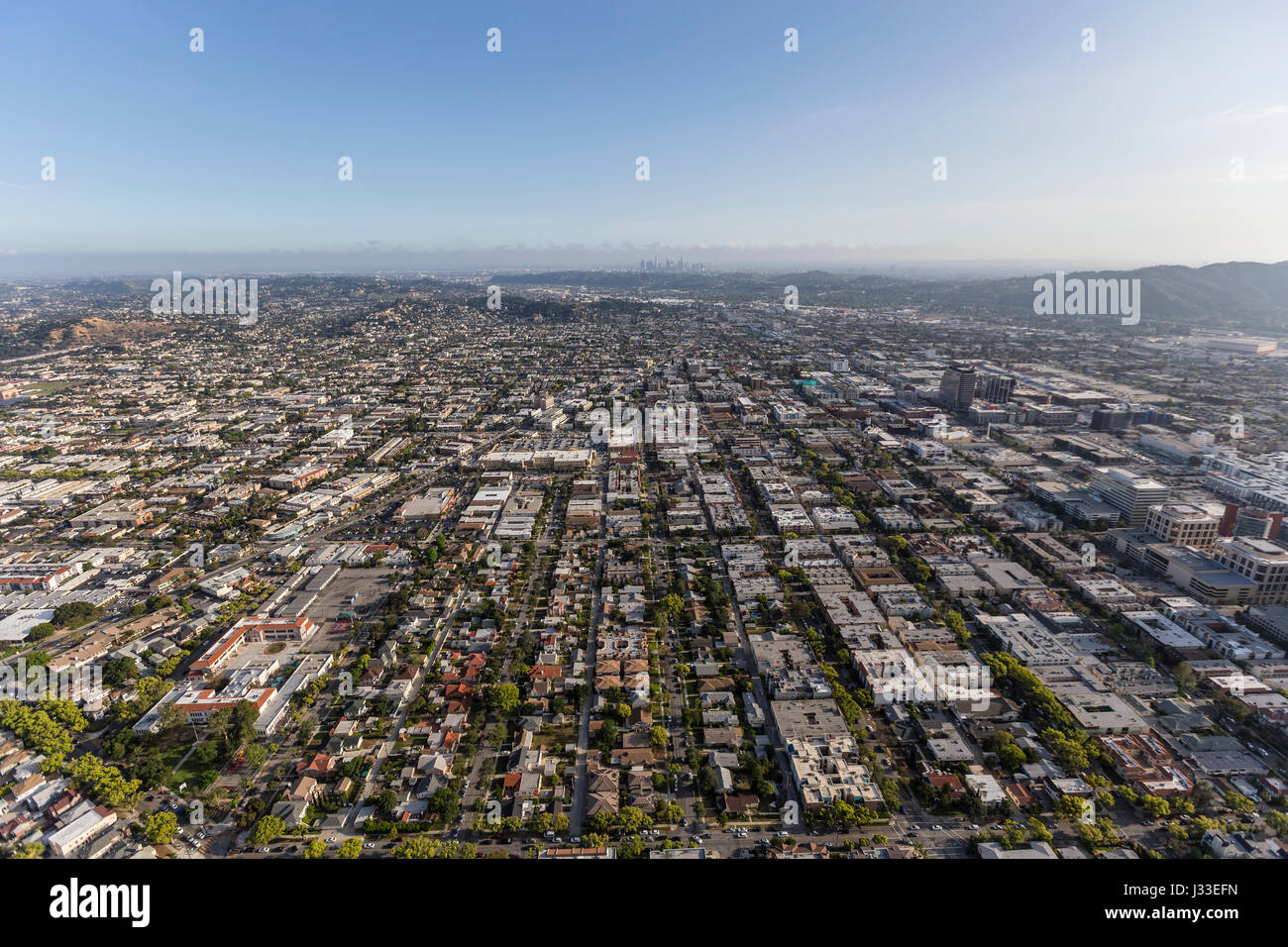 Aerial view of Glendale with Los Angeles California in background Stock