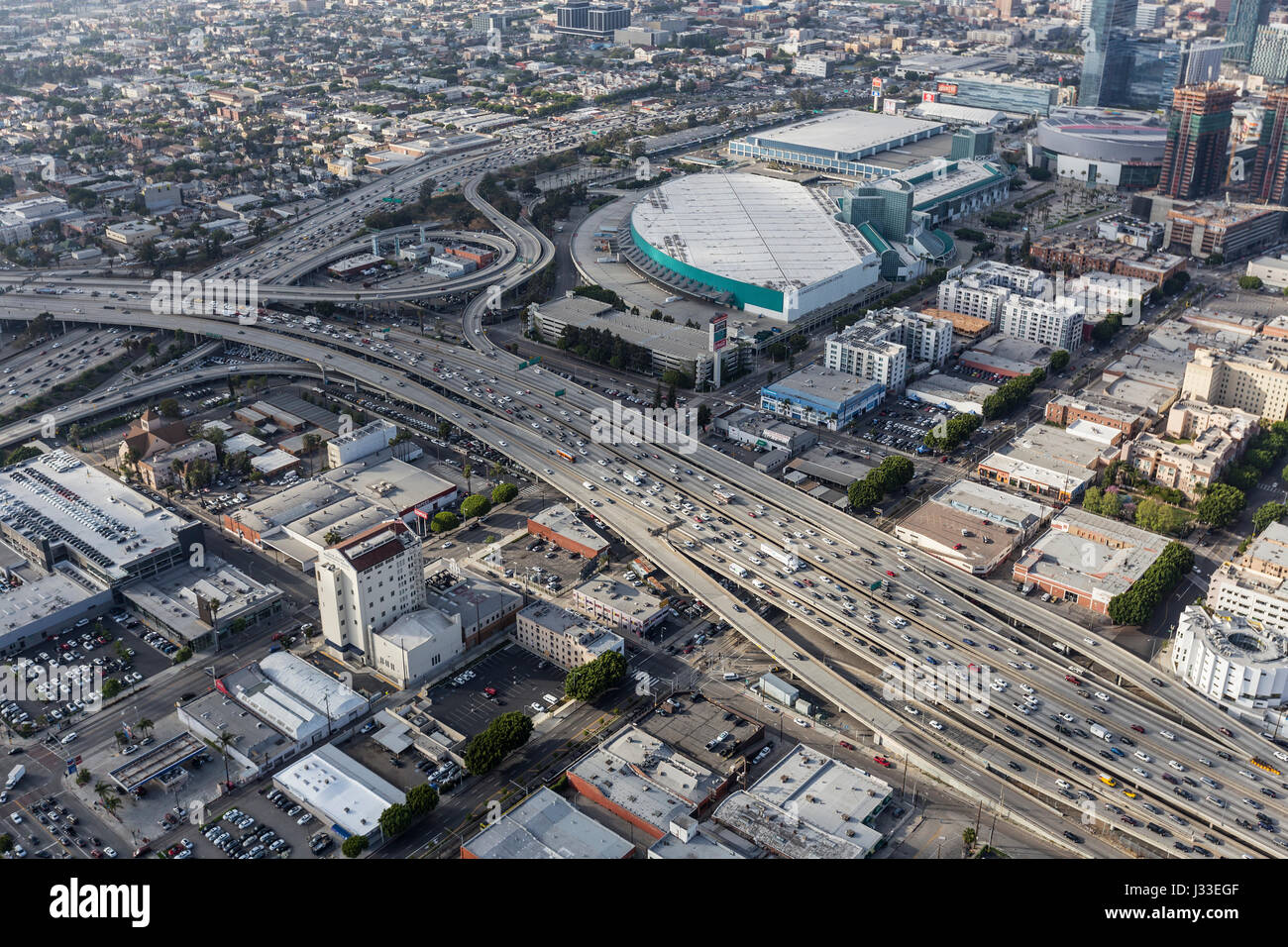 Los Angeles, California, USA - April 12, 2017:  Aerial view of Harbor 110 and Santa Monica 10 freeways interchange in downtown LA. Stock Photo
