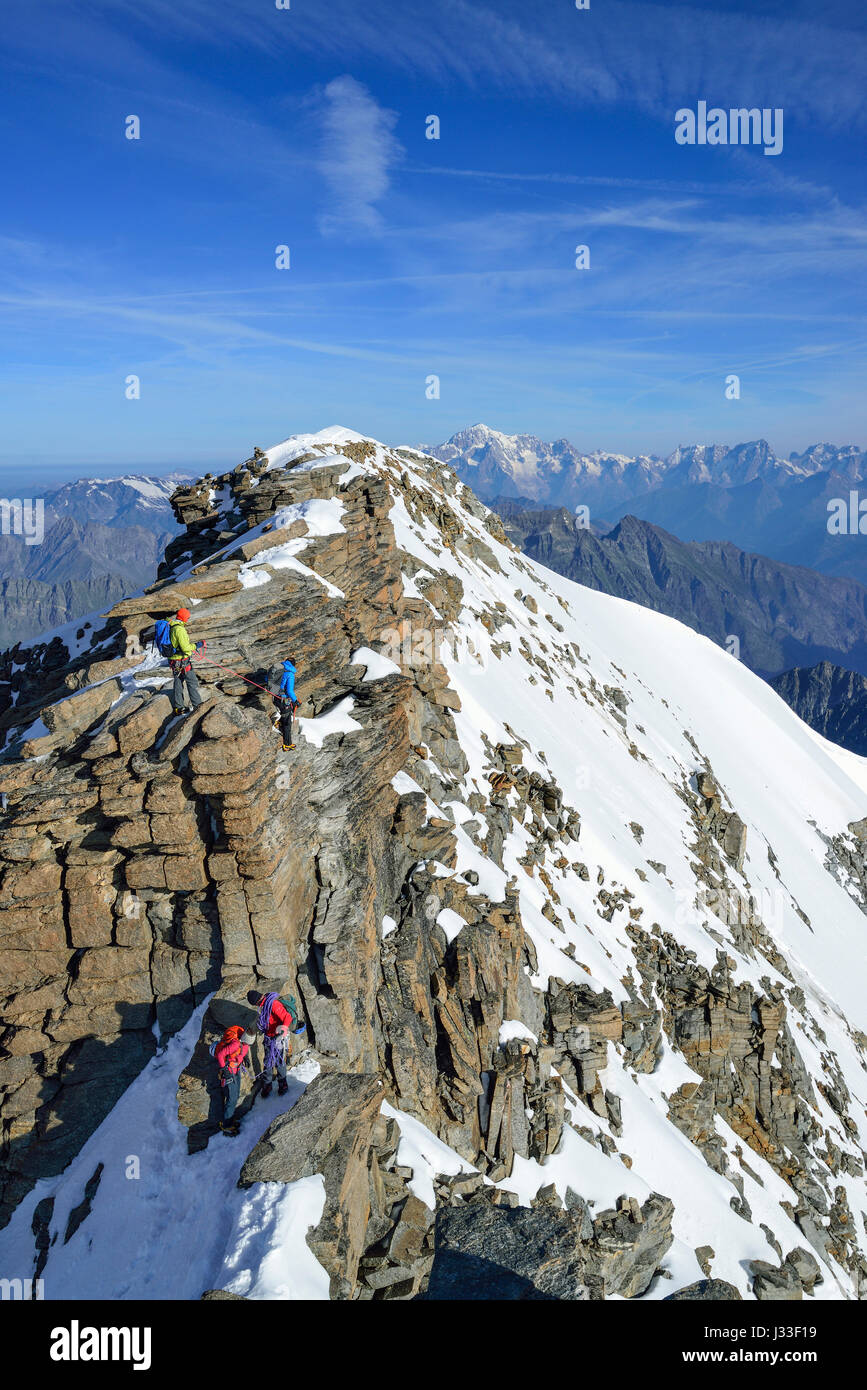 Several persons climbing on ridge to Gran Paradiso, Mont Blanc in background, Gran Paradiso, Gran Paradiso Nationalpark, Graian Alps range, valley of Aosta, Aosta, Italy Stock Photo