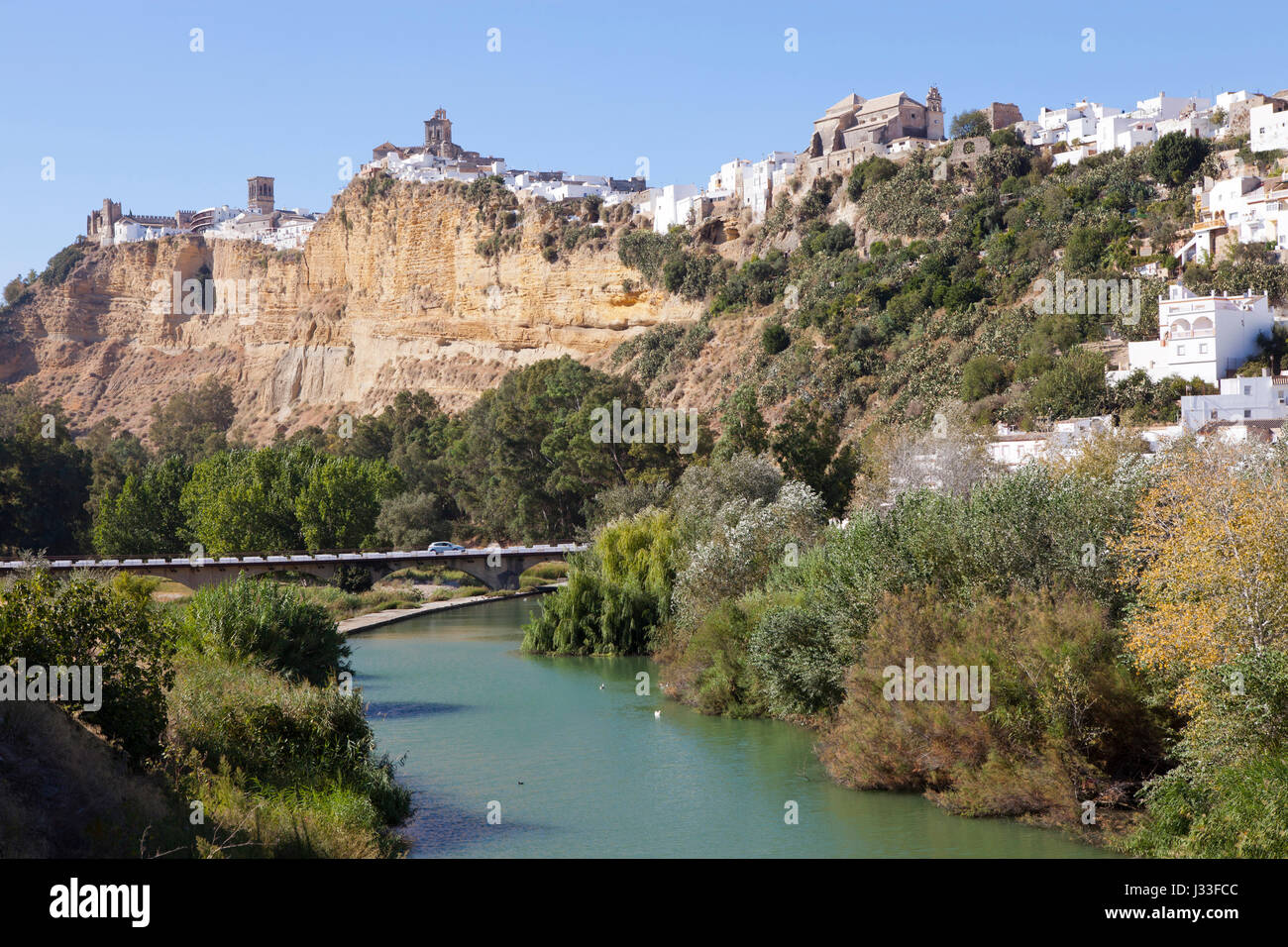 White village Arcos de la Frontera above Guadelete River, Cadiz Province, Andalusia, Spain, Europe Stock Photo