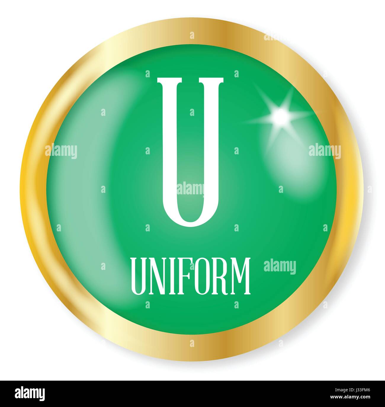 U for Uniform button from the NATO phonetic alphabet with a gold metal circular border over a white background Stock Vector