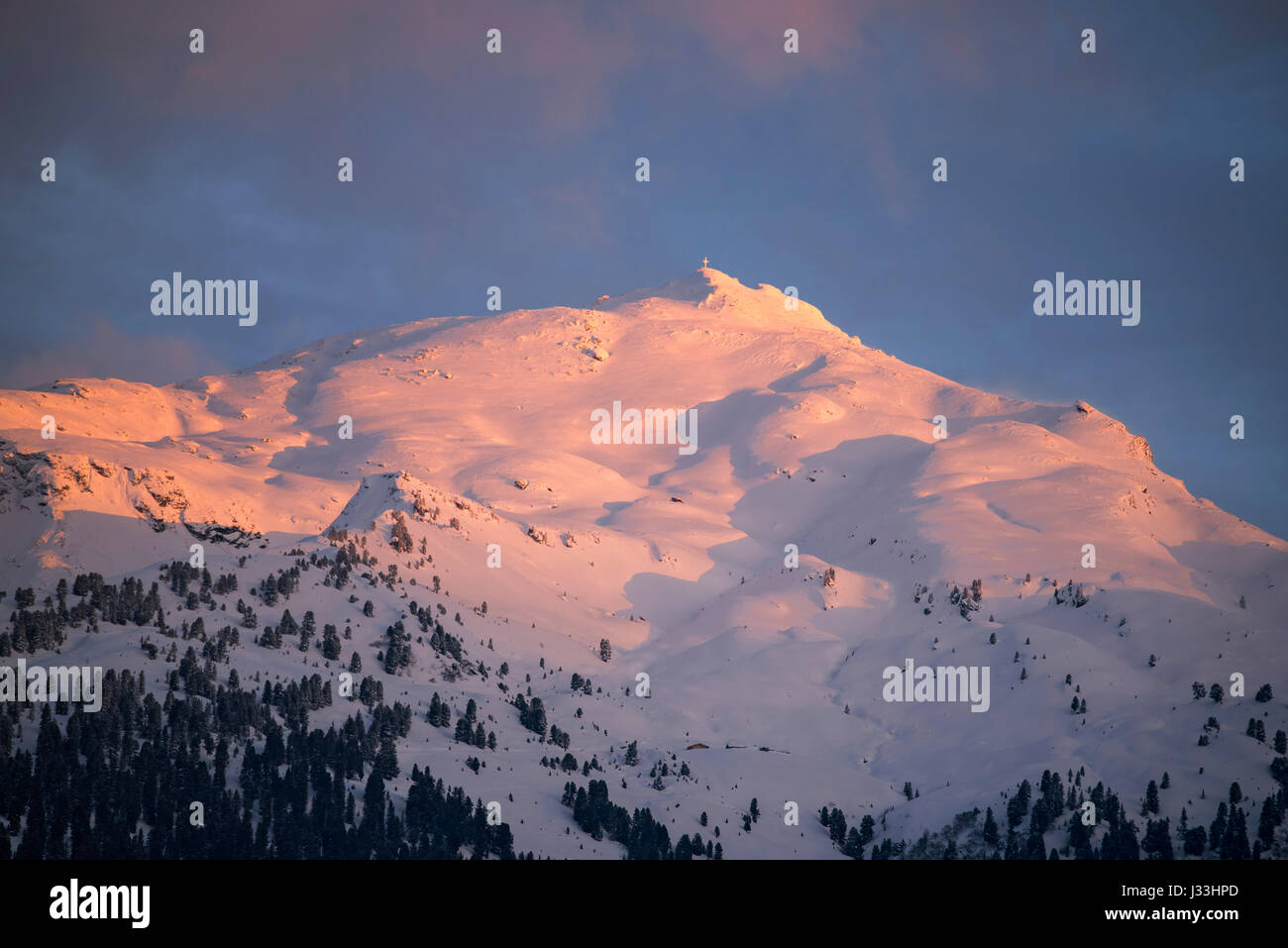 Snowy mountain summit, Gilfert with evening sun, Terfens, Tyrol, Austria Stock Photo