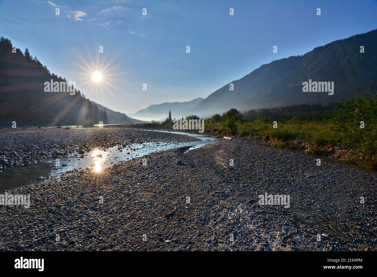 Sunrise, river bed of the Upper Isar, Vorderriss, Upper Bavaria, Bavaria, Germany Stock Photo