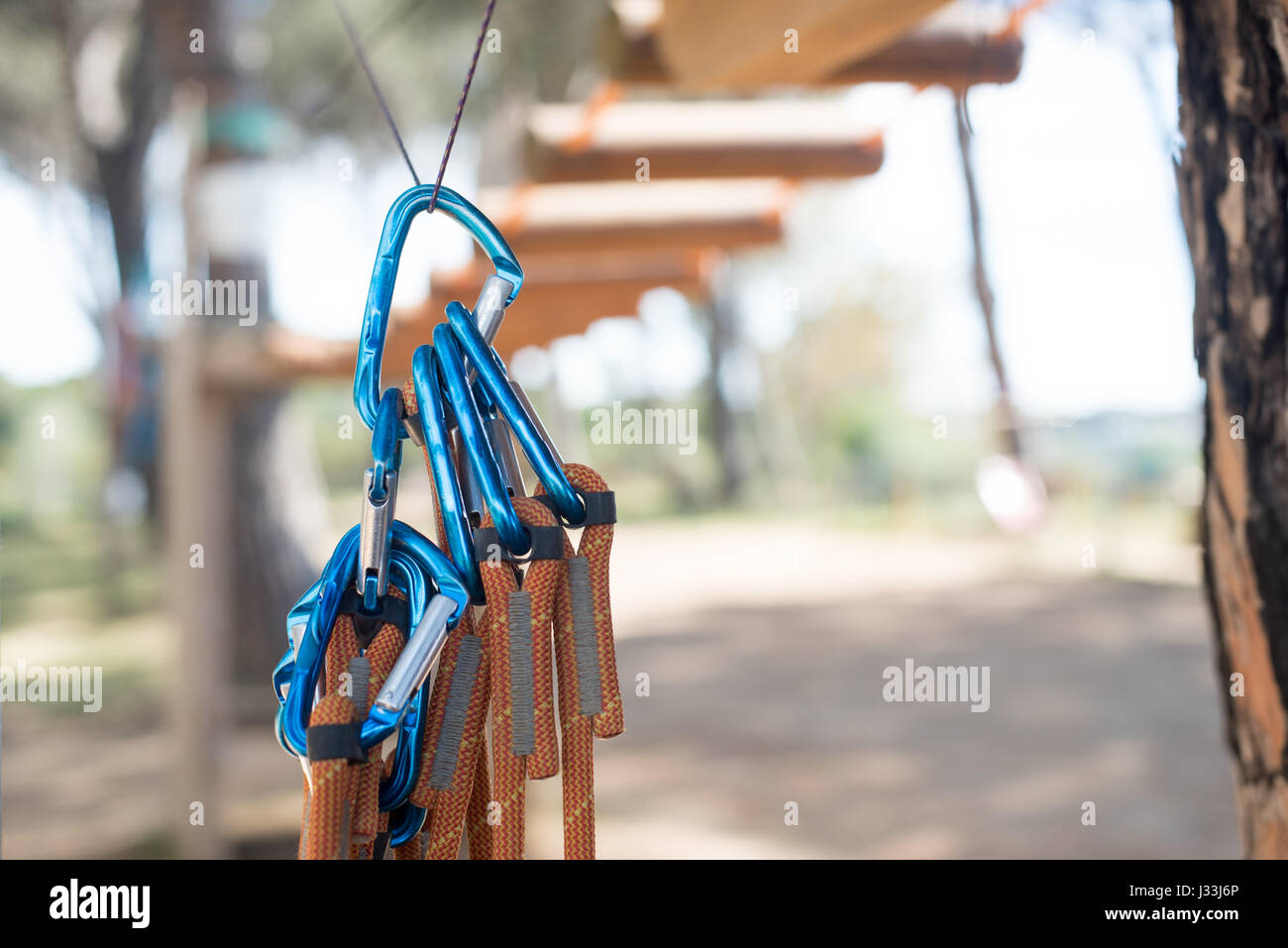 Many blue carabiner safety guarantee ready for use, adventure playground path out of focus in background Stock Photo