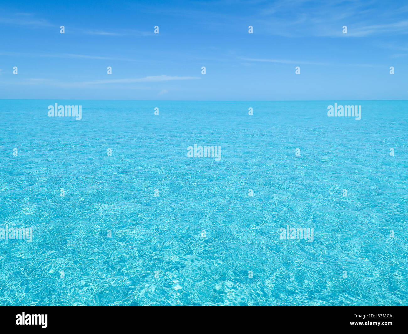 Blue ocean water horizon over Bimini great sand bank, in Bahamas. Stock Photo