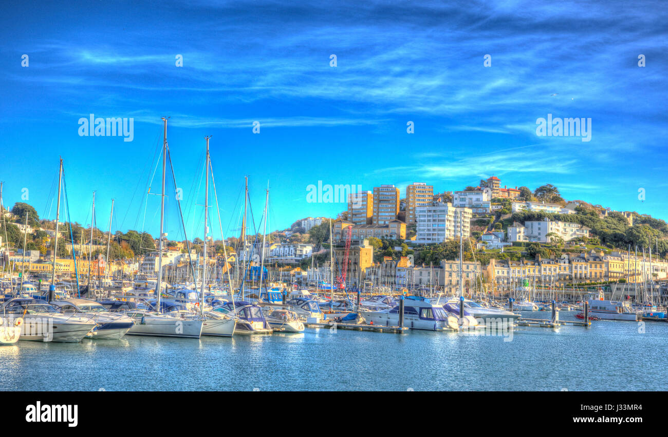Torquay Devon the English Riviera with boats and yachts in colourful HDR Stock Photo