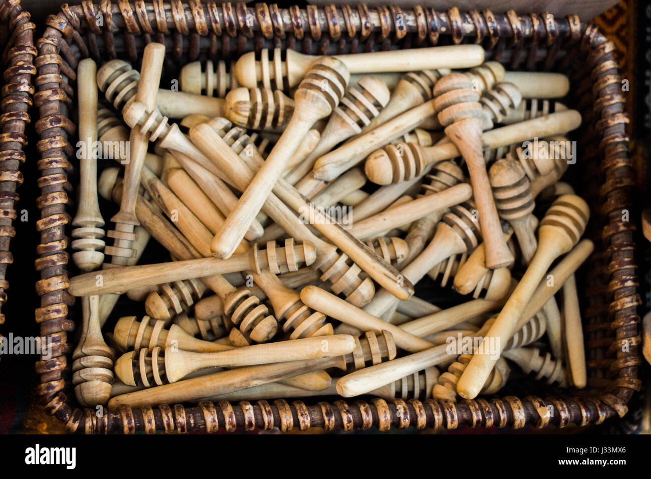 Set of honey dippers made of wood Stock Photo Alamy