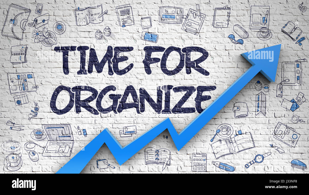 Time For Organize Drawn on White Brickwall. 3d. Stock Photo