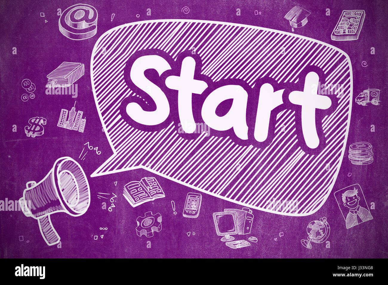 Start - Cartoon Illustration on Purple Chalkboard Stock Photo - Alamy