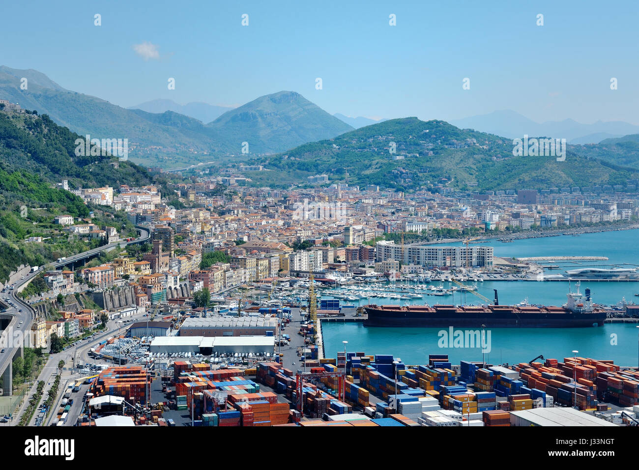 Salerno city near Amalfi coast panoramic view from the port, Italy