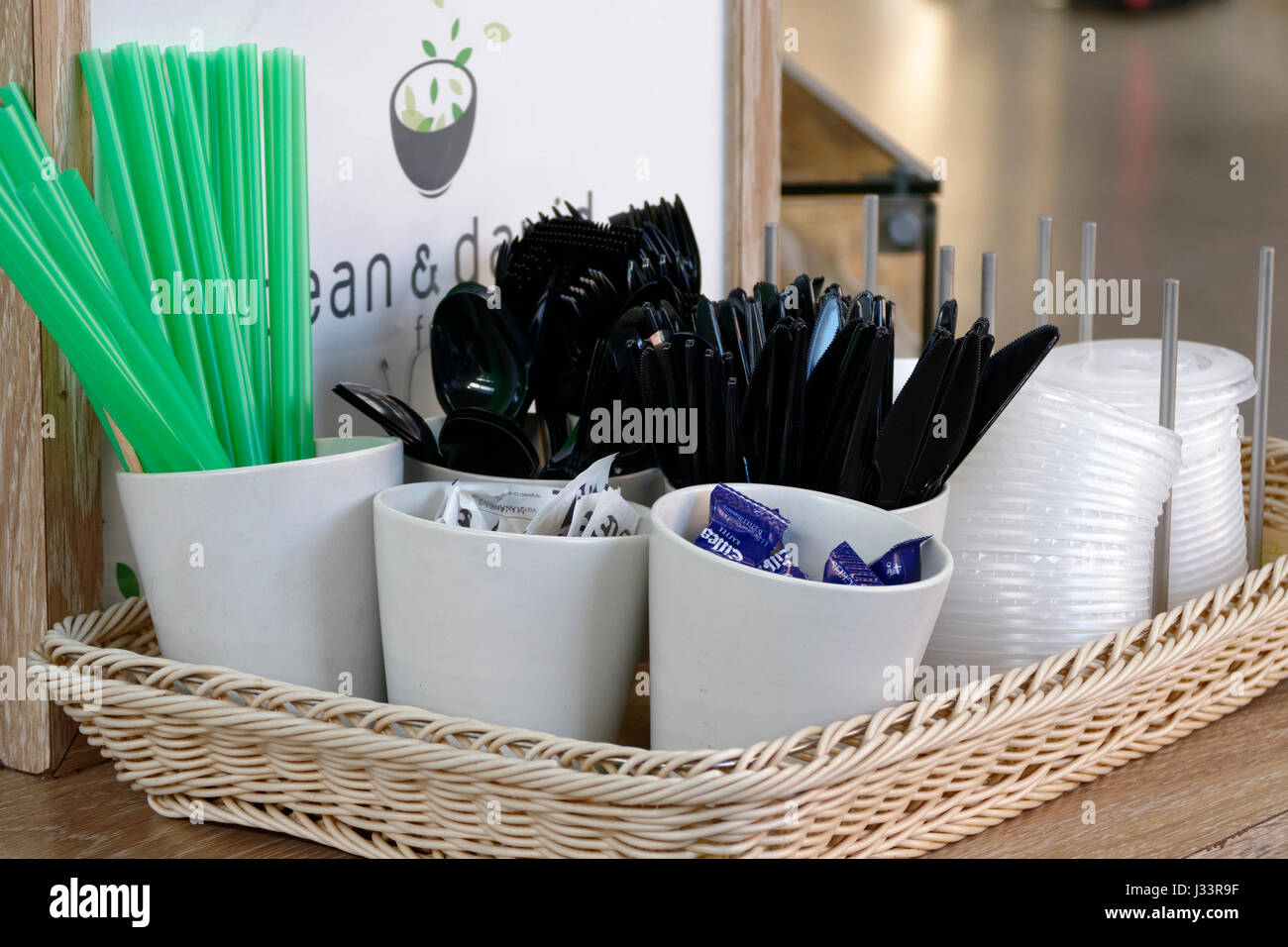 Plastic take away eating utensils, Upper Bavaria, Germany Stock Photo