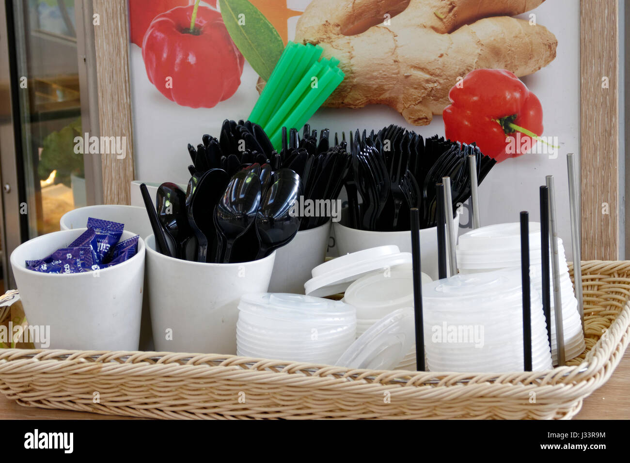 Plastic take away eating utensils, Upper Bavaria, Germany Stock Photo