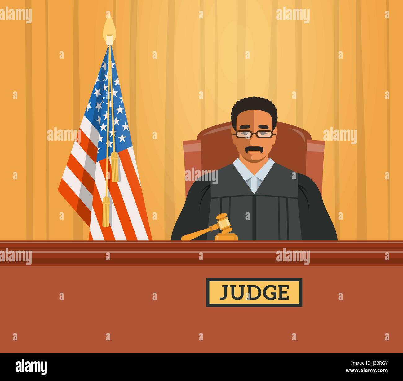 Judge black man in courtroom at tribunal with gavel and american flag. Judicial cartoon background. Civil and criminal cases public trial. Vector flat Stock Vector