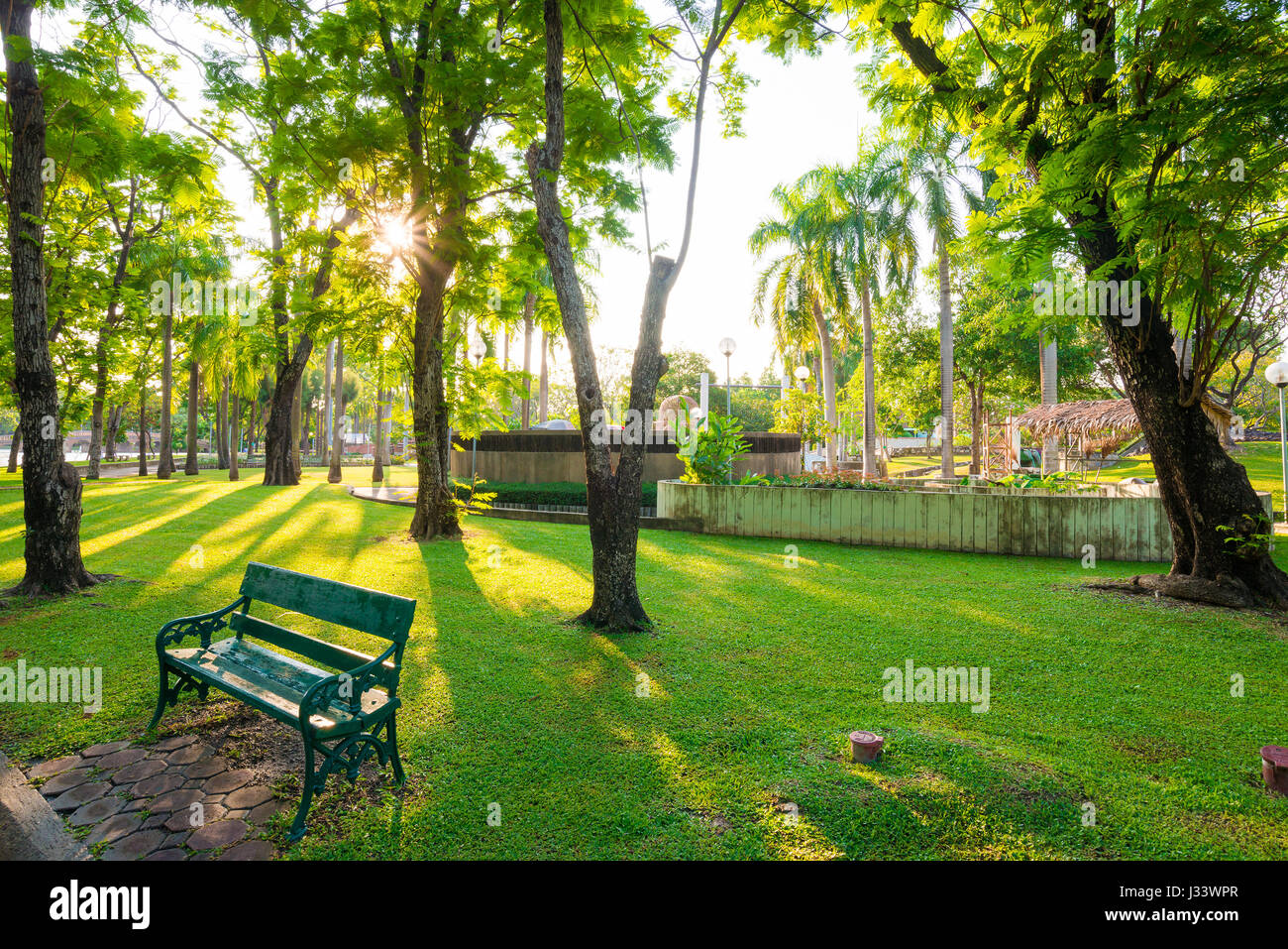 Park and bench for recreation area in the city, Green grass Stock Photo ...