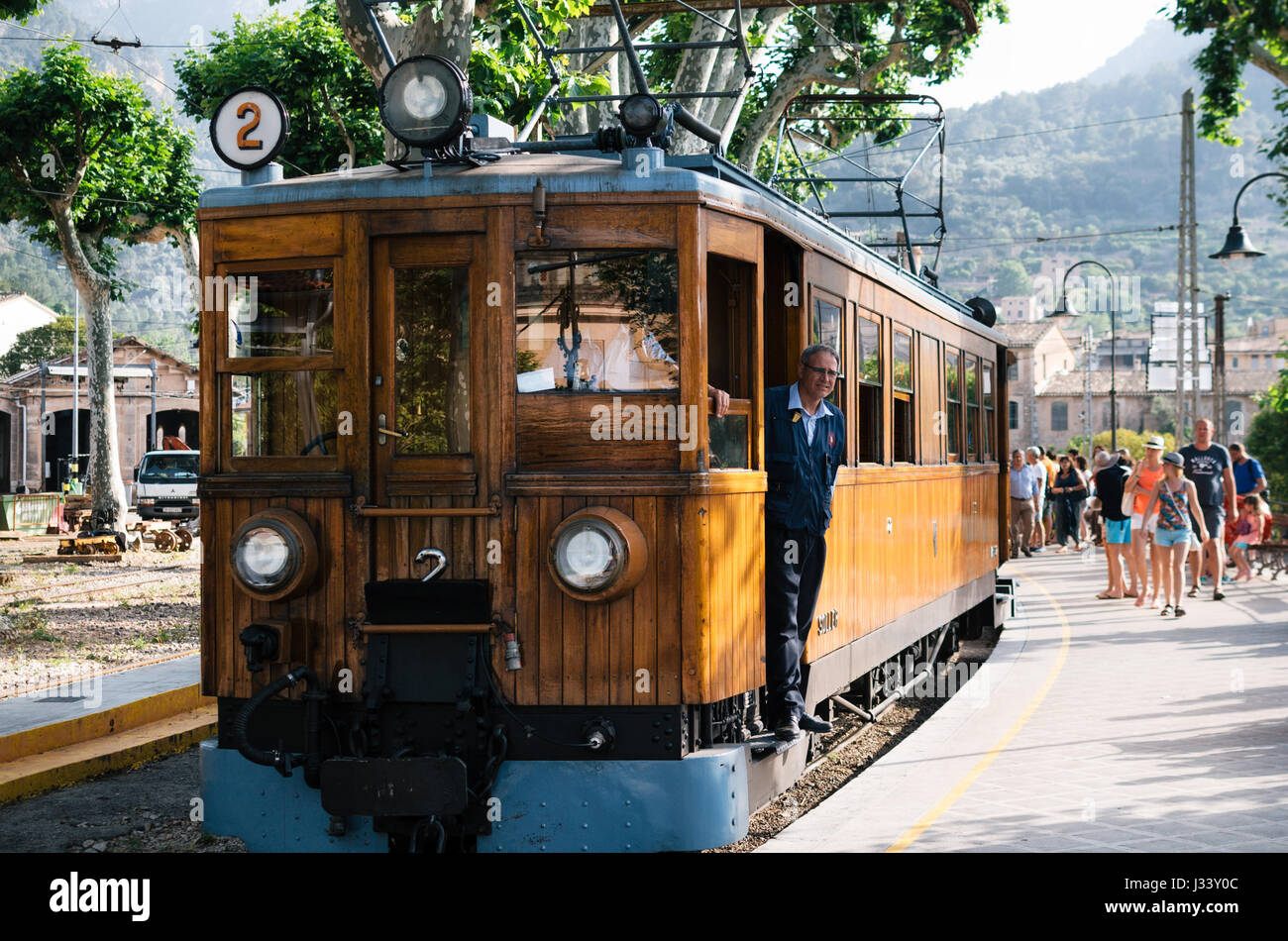 Tram in the railway station of Soller. Travel attraction of Mallorca. A vintage tram runs from Palma de Mallorca to Soller Stock Photo
