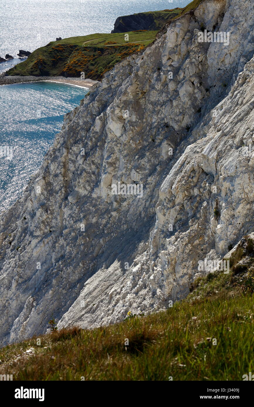 Crumbling chalk cliff and rock face from South West Coast Path between