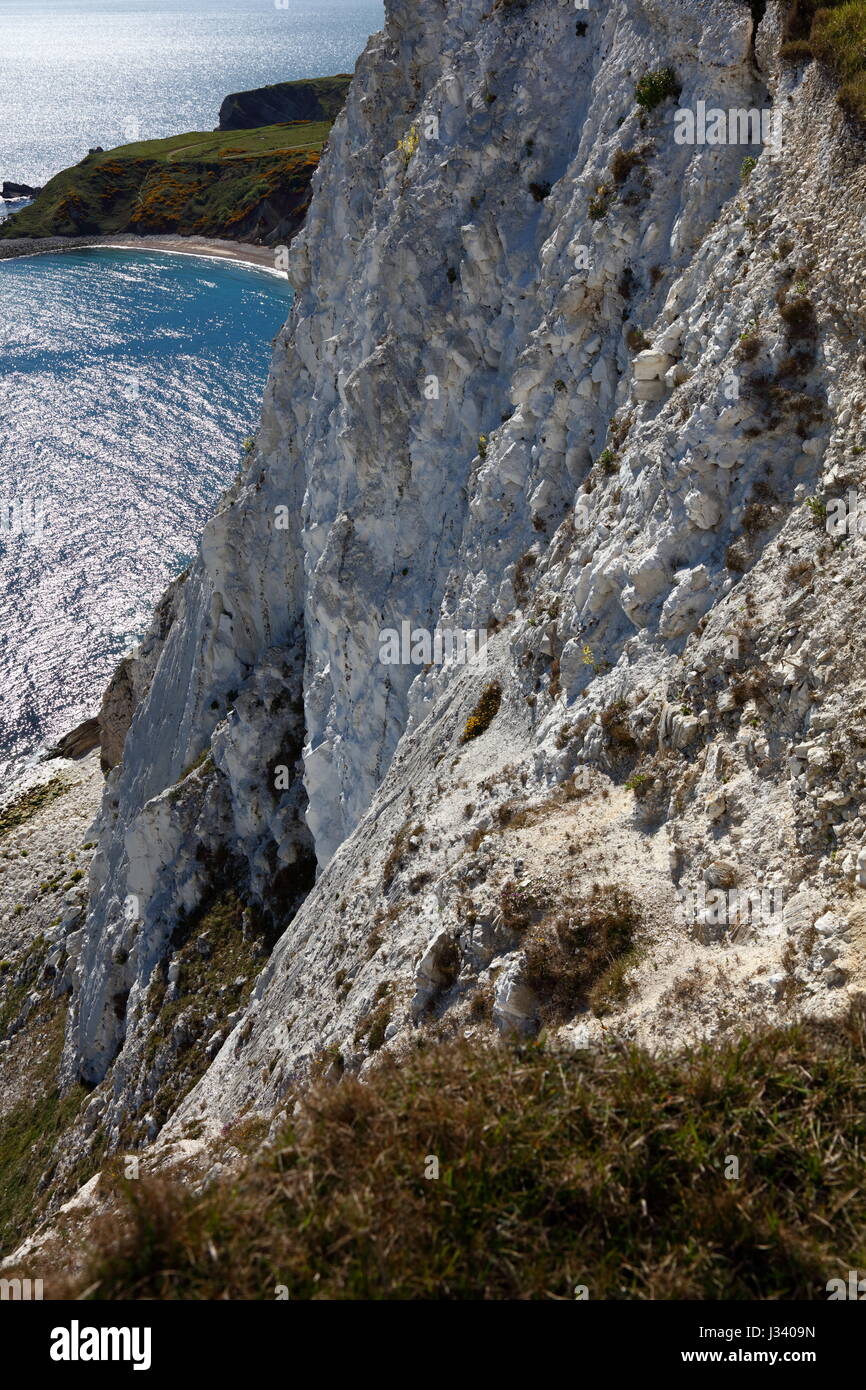 Crumbling chalk cliff and rock face from South West Coast Path between