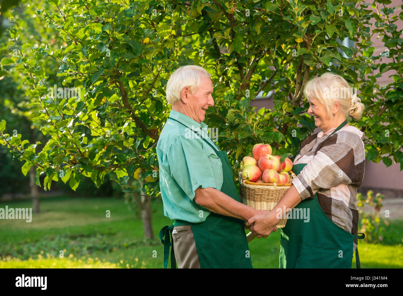 Couple of gardeners holding basket. Stock Photo