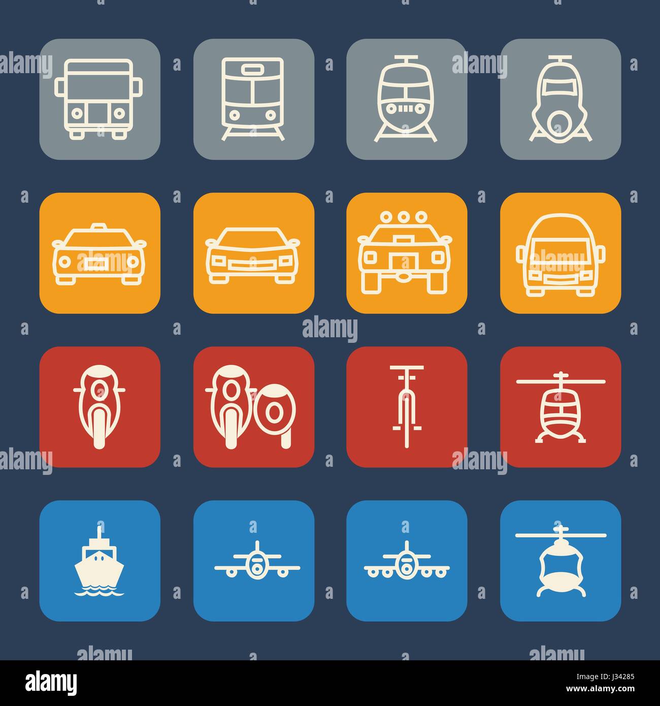 Vehicle and transportation icons set. Flat design. Stock Vector