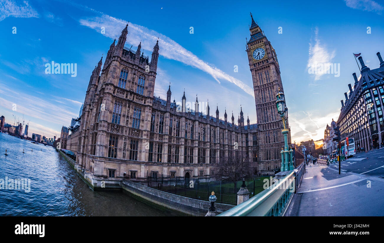 View of the Big Ben and the House of Parliament in London at sunset Stock Photo