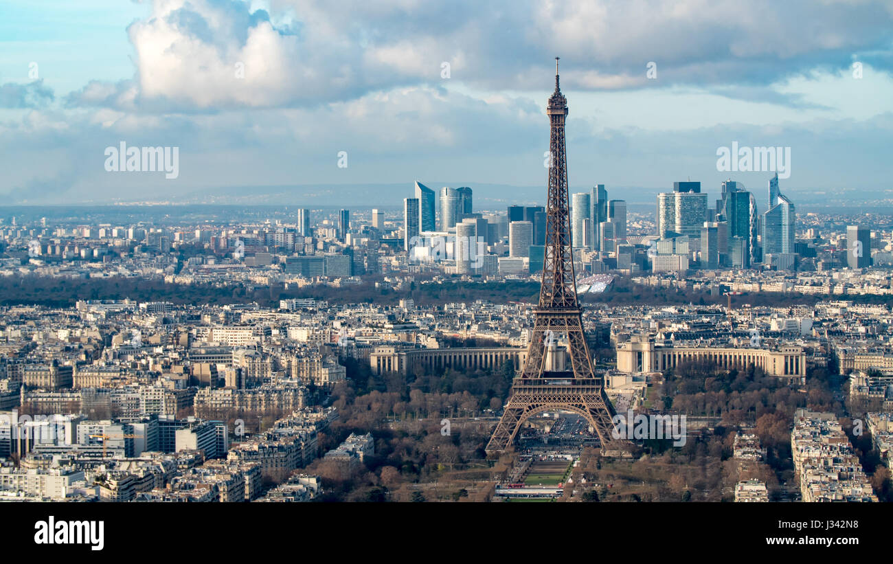 Aerial view of the Eiffel tower and the financial district of La Defense in Paris Stock Photo