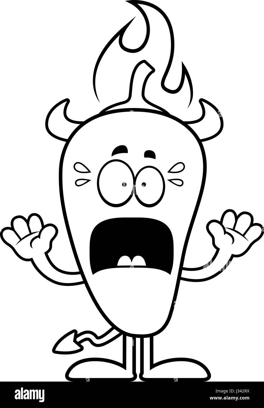 A cartoon illustration of a chili pepper devil looking scared Stock