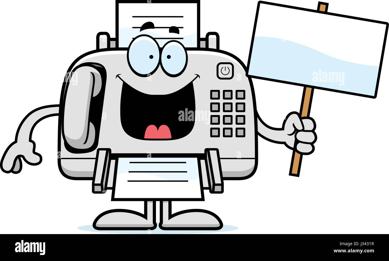 A cartoon illustration of a fax machine holding a sign Stock Vector