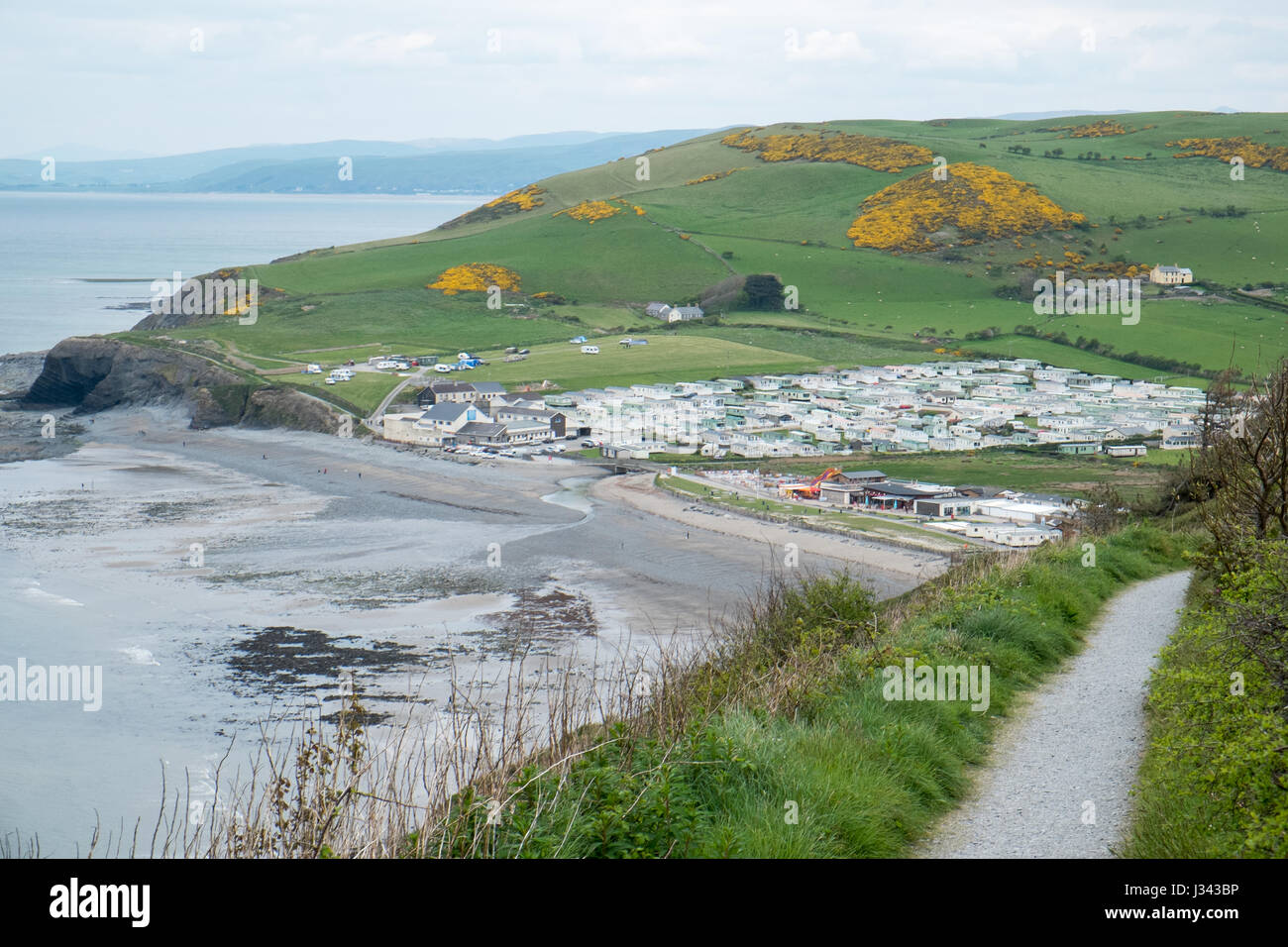 View,caravan,holiday,park,Clarach,just,north,of coastal,town,of,Aberystwyth,Cardigan Bay,in May,West Wales,Wales,U.K.,GB, Stock Photo