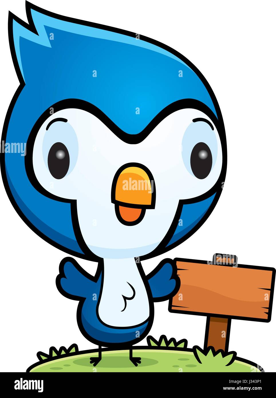A cartoon illustration of a baby blue jay with a wooden sign post