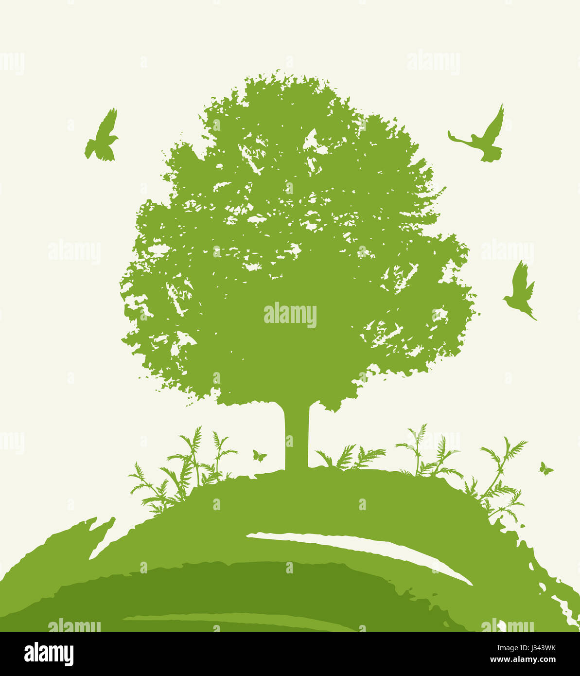 Abstract background with green tree and birds. Ecology concept Stock ...
