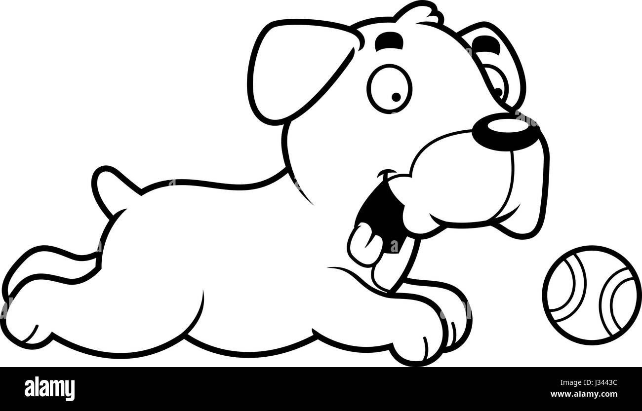 A cartoon illustration of a Boxer dog chasing a ball. Stock Vector
