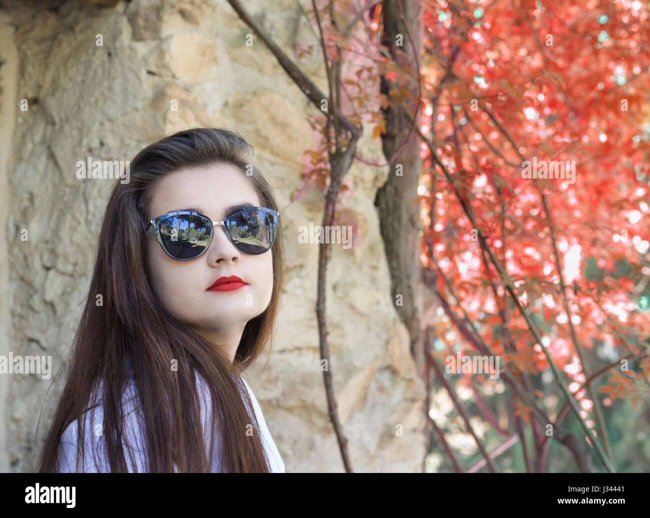 Portrait of pretty  and brunette woman wearing sunglasses looking at camera Stock Photo