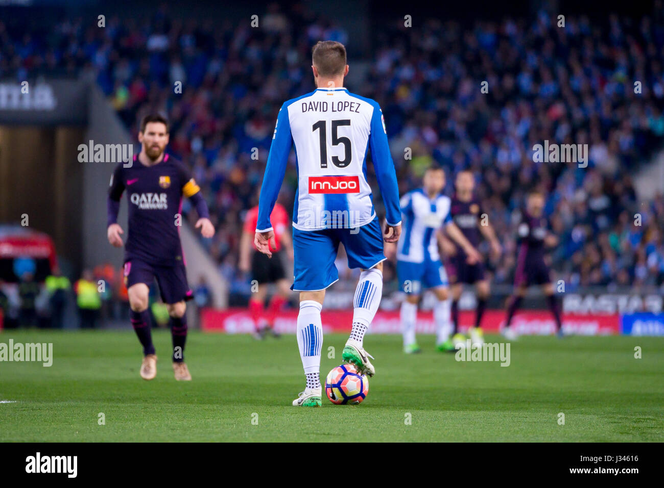 BARCELONA - APR 29: David Lopez plays at the La Liga match between RCD Espanyol and FC Barcelona at RCDE Stadium on April 29, 2017 in Barcelona, Spain Stock Photo