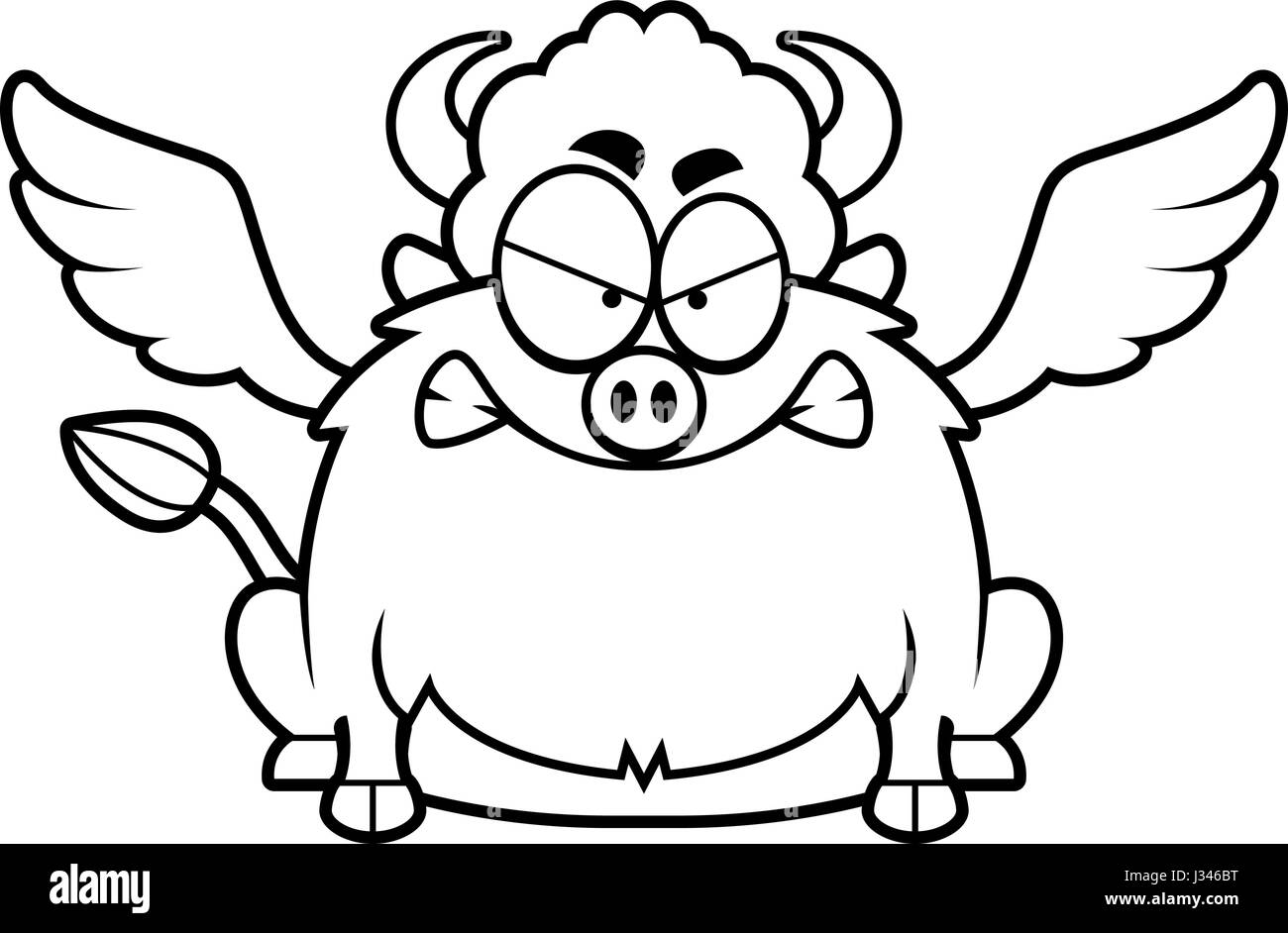 A cartoon illustration of a buffalo with wings looking angry Stock