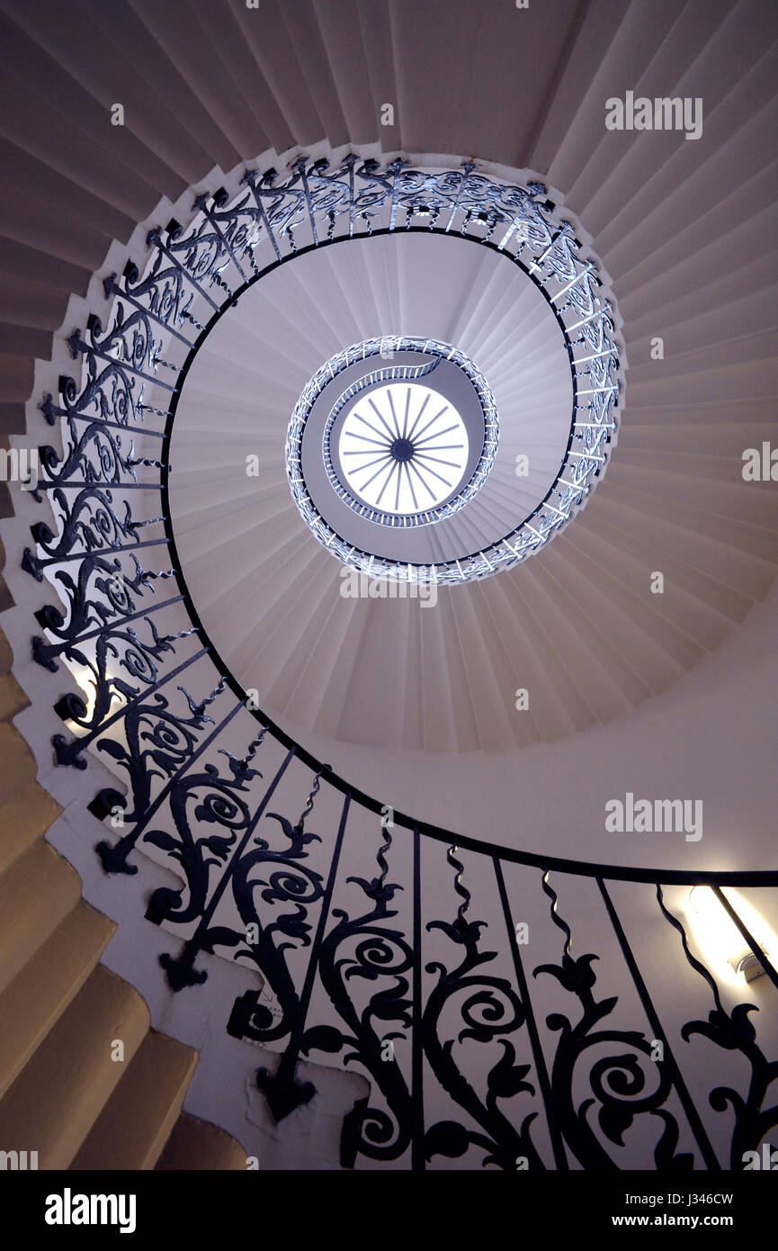 The iconic Tulip Stairs in Queen’s House, Greenwich, London; built in the 17th century, the first self-supporting geometric spiral stairs in Britain. Stock Photo