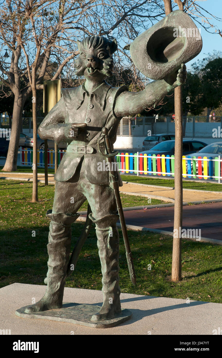 Statue of the Puss in Boots, Fantasy Park, Fuengirola, Malaga province, Region of Andalusia, Spain, Europe Stock Photo