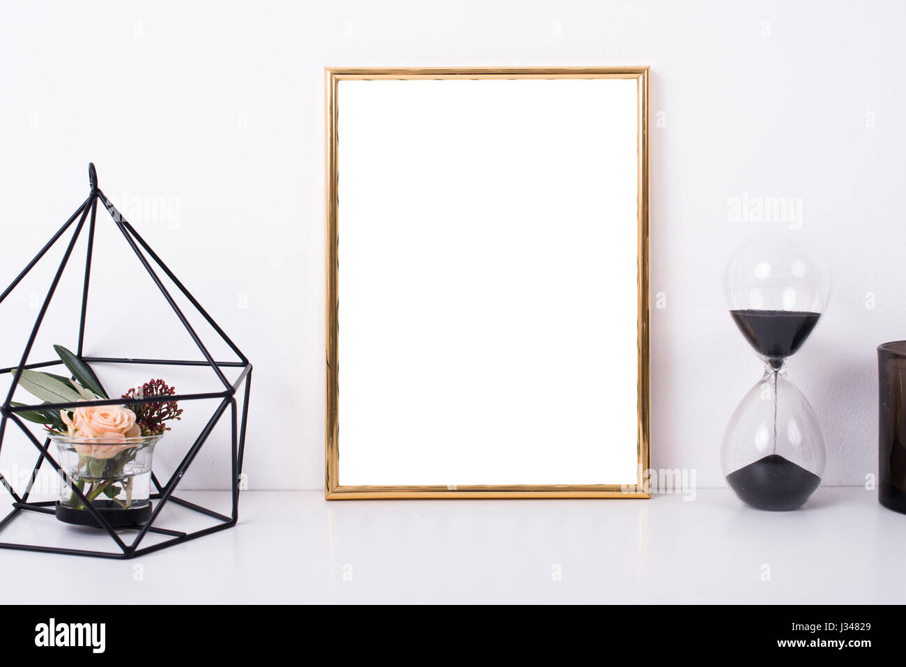 Golden Frame Mock Up On White Wall Background Home Decor