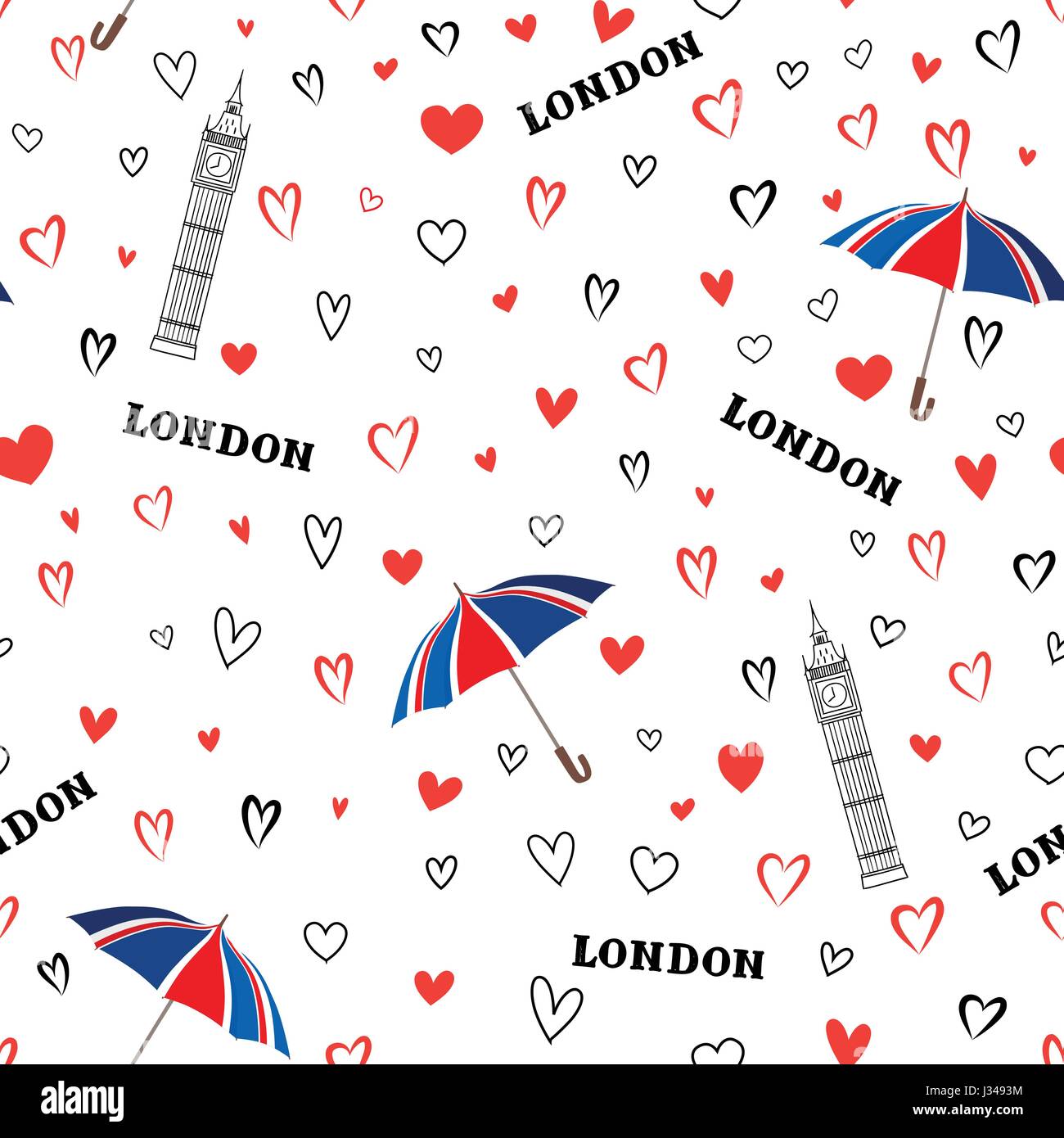Travel London city seamless pattern with love hearts and umbrella. British landmark wallpaper.  European vacation background Stock Vector