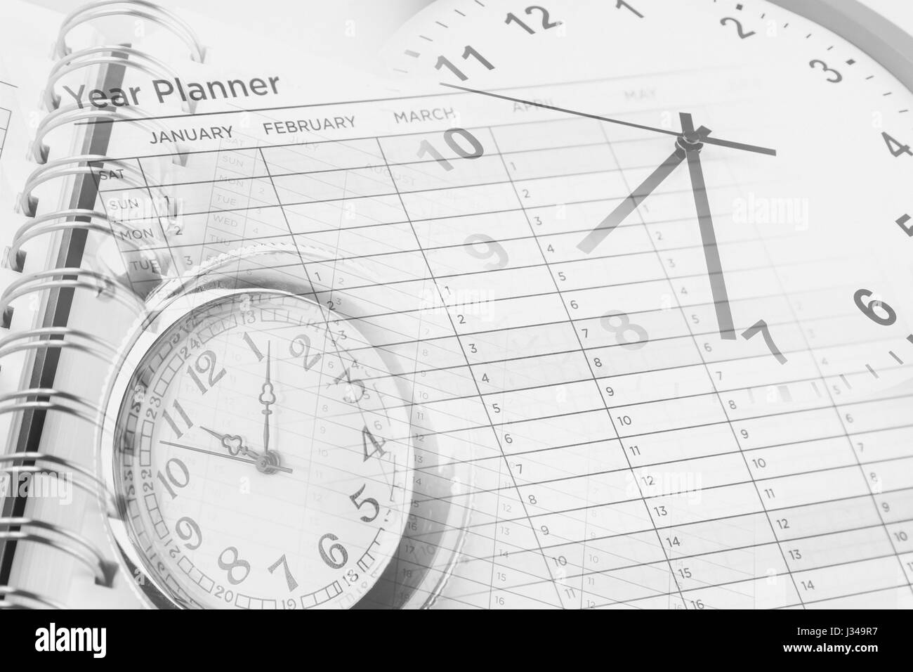 Clocks, year planner and calendar Stock Photo