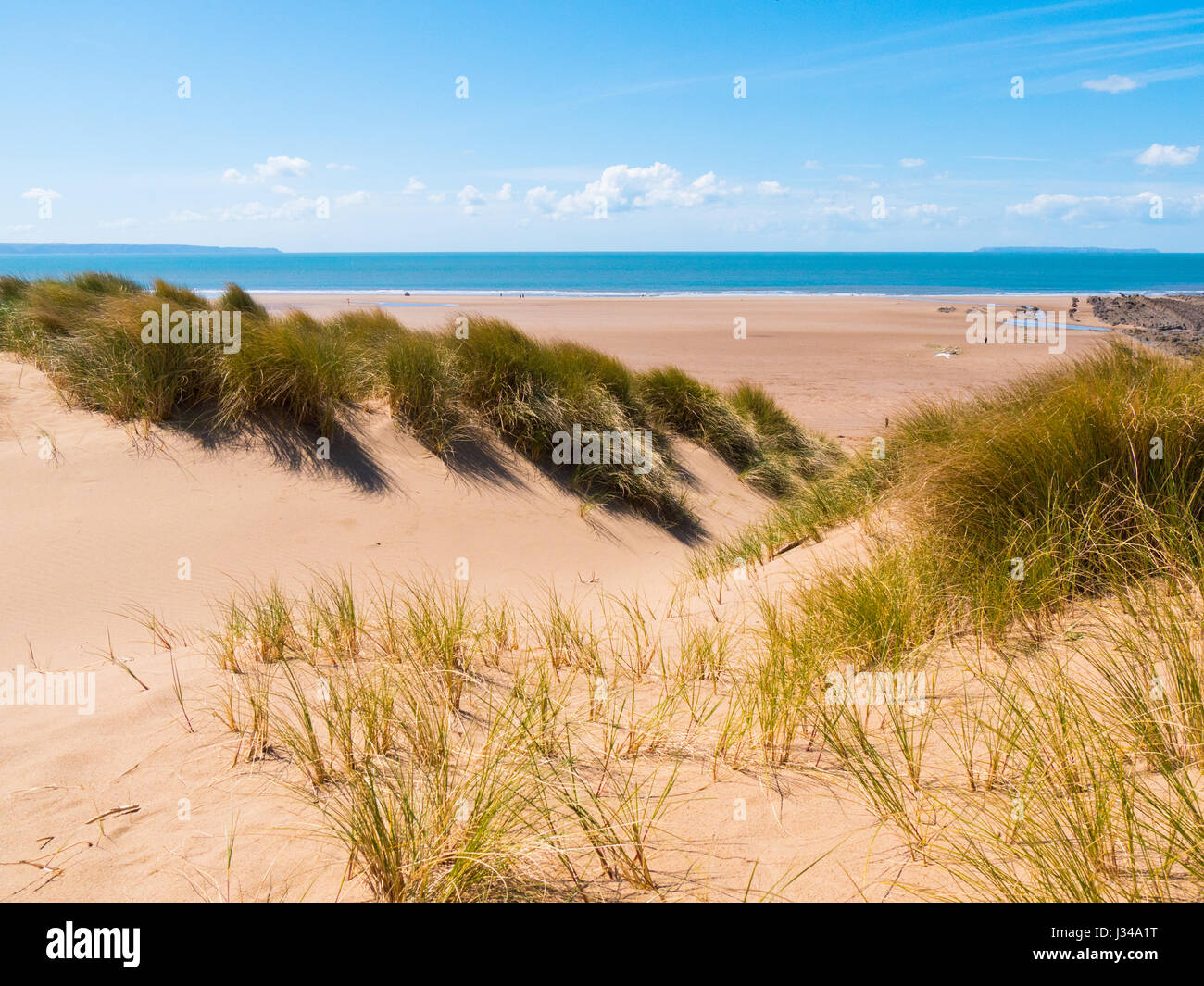 Sand dunes at Croyde beach on a sunny day with clear blue skies, Devon, England, UK Stock Photo