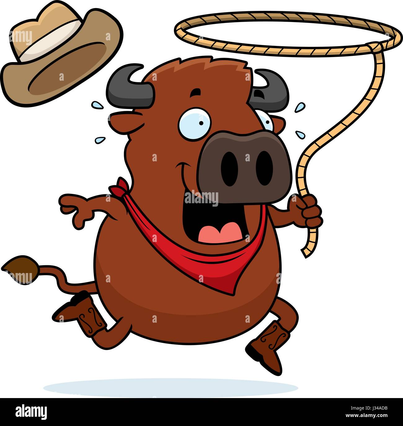 A cartoon illustration of a buffalo running with a lasso. Stock Vector