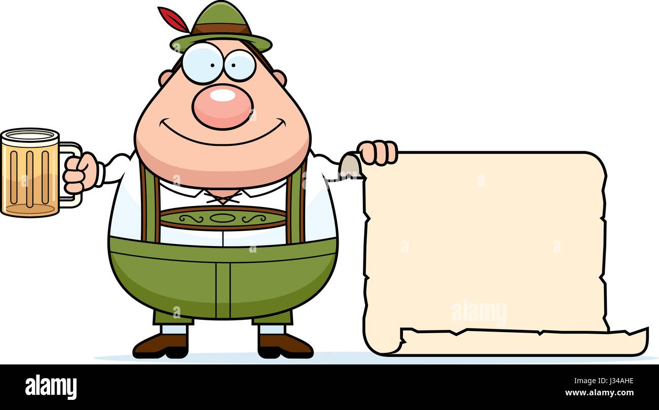 A cartoon illustration of a German man in lederhosen with a sign Stock