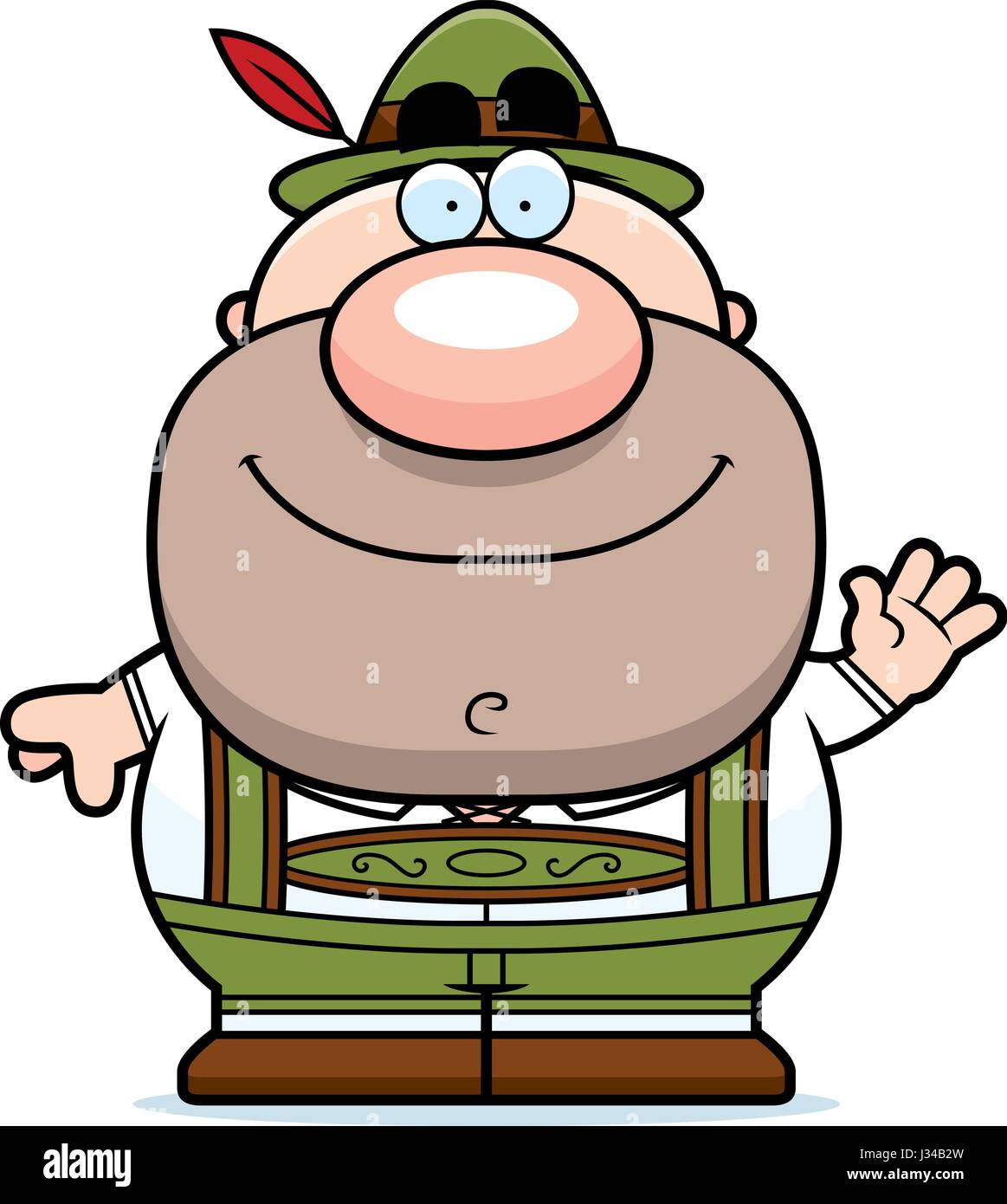 A cartoon illustration of a German man in lederhosen waving Stock