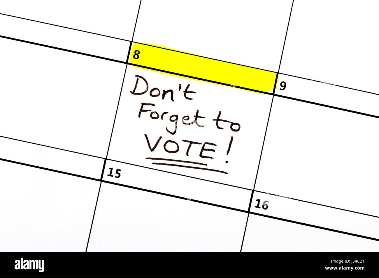 The 8th June highlighted on a calendar reminding you to vote in the General Election. Stock Photo