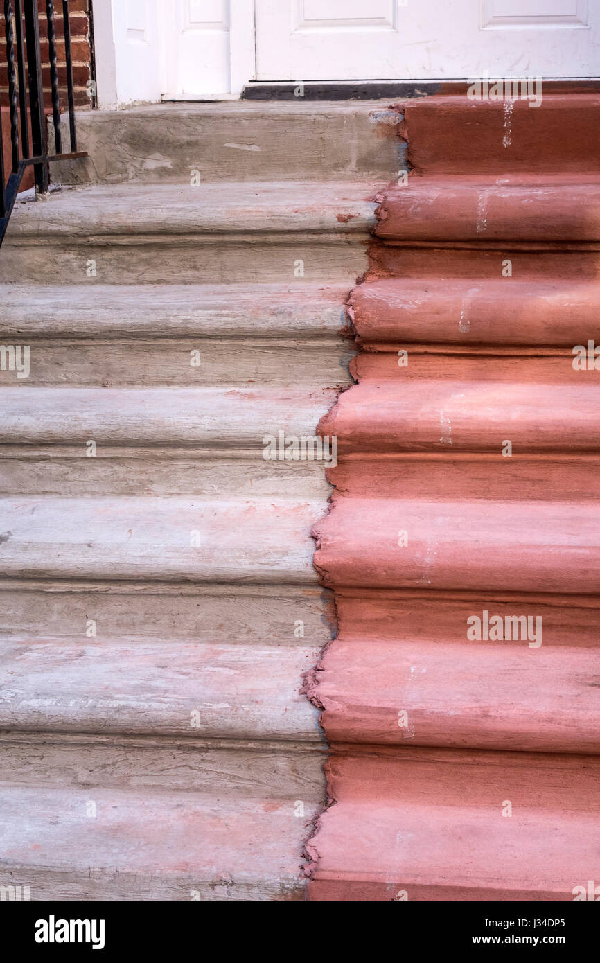 New York brown stone stoop being resurfaced Stock Photo