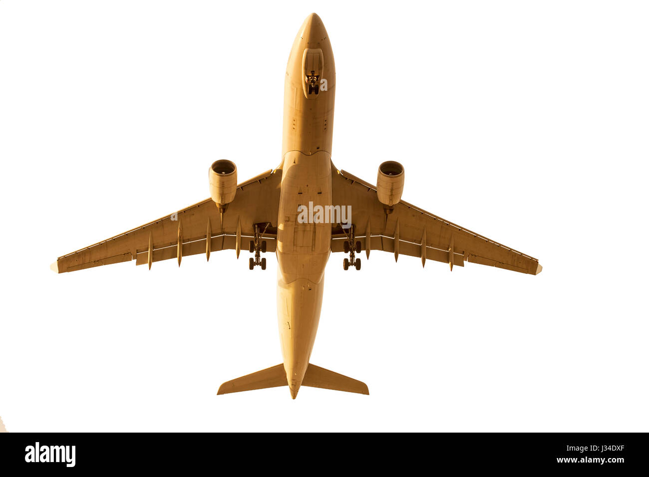 under view of passenger jet plane prepare for landing on airport isolated white background Stock Photo