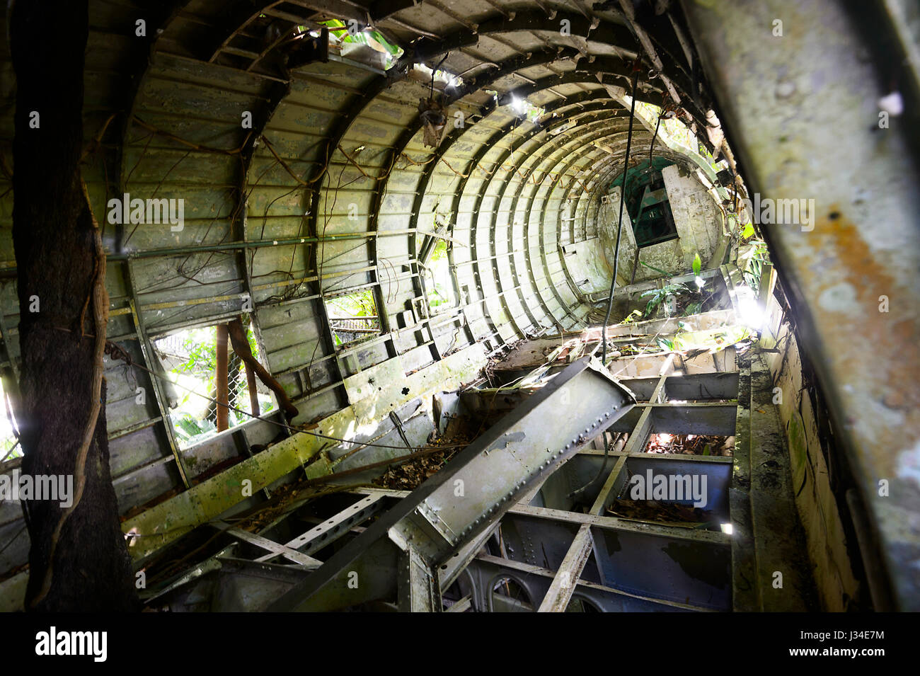 Inside the fuselage of a wrecked C-47 DL, a military version of a DC-3, seen at Heritage Market, Kuranda, Far North Queensland, FNQ, QLD, Australia Stock Photo
